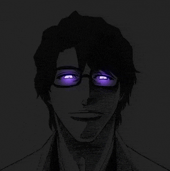 a black and white drawing of a man with glasses and purple eyes