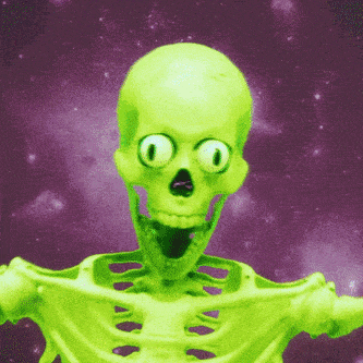 a green skeleton with a purple background and a surprised look on his face