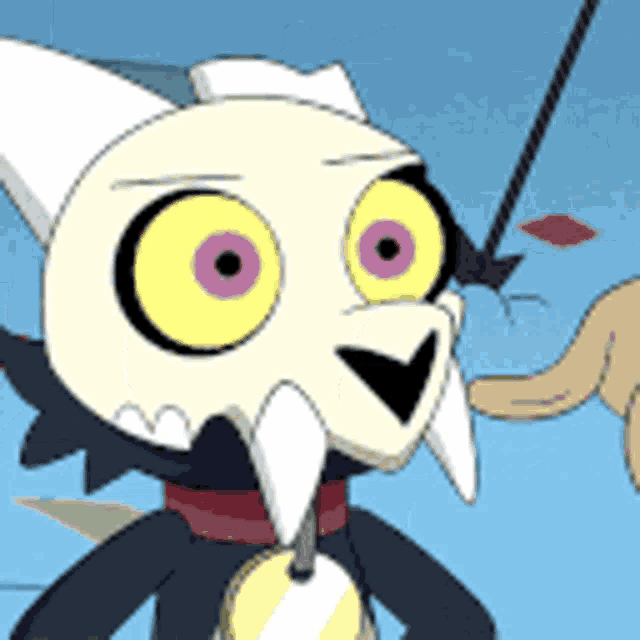a cartoon character with horns and purple eyes is standing next to a person .