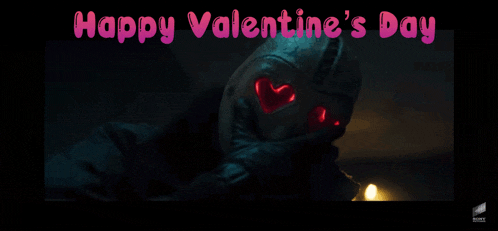 a happy valentine 's day greeting with a man wearing a mask with hearts in his eyes