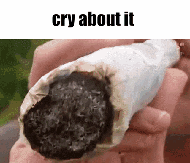 a person is holding a cigarette in their hand with the words cry about it above it