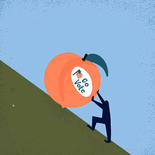 an illustration of a man pushing a large peach that says go vote