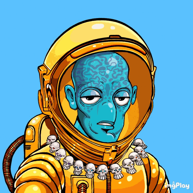 a cartoon of a man in a space suit with skulls around his neck