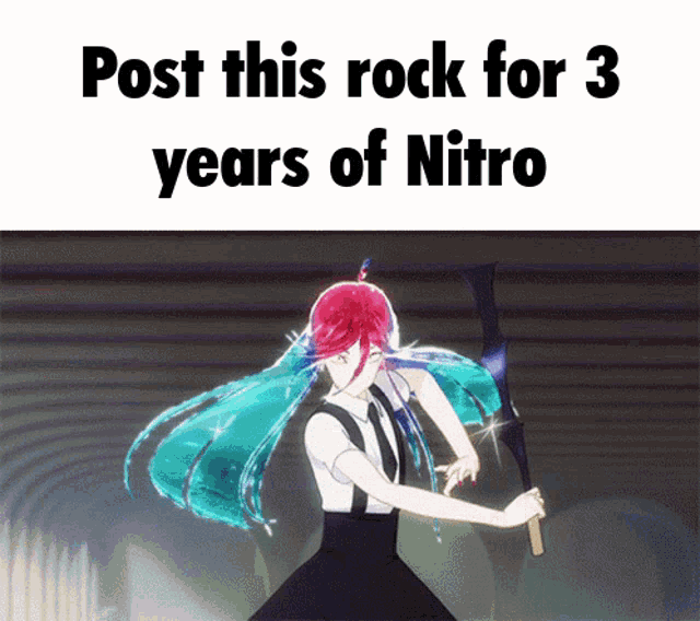 a picture of a girl holding a sword with the words post this rock for 3 years of nitro below it