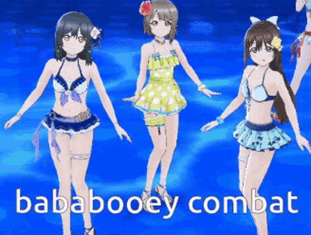 three anime girls in bikinis are standing next to each other and the words bababooey combat are on the bottom