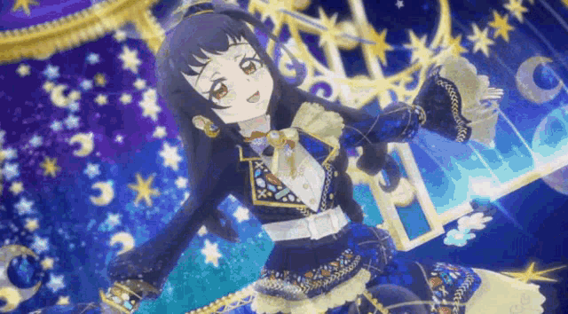 a girl in a blue dress is dancing in front of a blue background with stars and moons .
