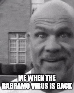a bald man with a beard is making a funny face and says `` me when the rabramo virus is back ''