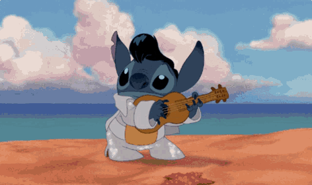 a cartoon character named stitch is playing a guitar on the beach
