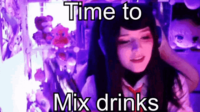 a girl with headphones is sitting in front of a purple background with the words time to mix drinks written on it .