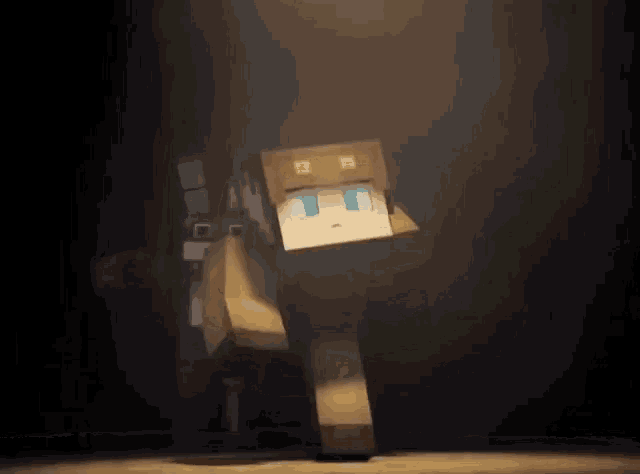 a minecraft character is standing in a dark room with a light shining on him .