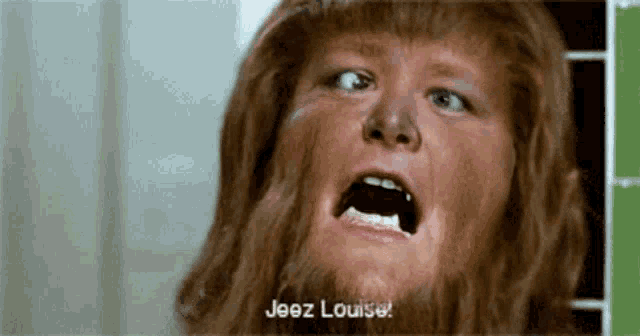 a man with a beard is making a funny face and saying jeez louise