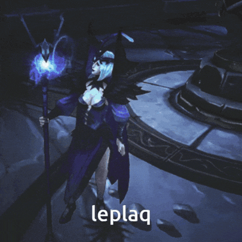 a woman in a purple dress is standing in a dark room with the word leplaq on the bottom