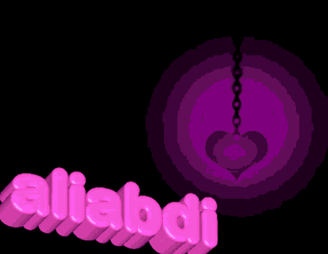 a purple heart is hanging from a chain with the name aliabadi written in pink