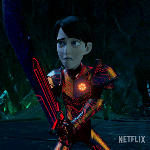 a cartoon character holding a sword with a netflix logo in the background
