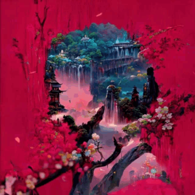 a painting of a waterfall surrounded by trees with pink flowers