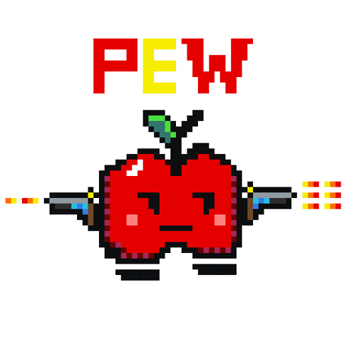 a pixel art of a red apple with a knife in it and the word pew above it