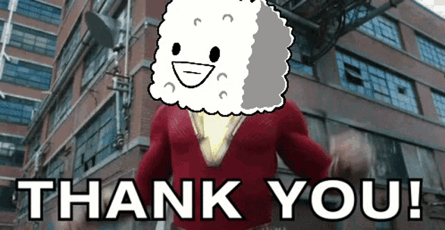 a cartoon character says thank you in front of a large building