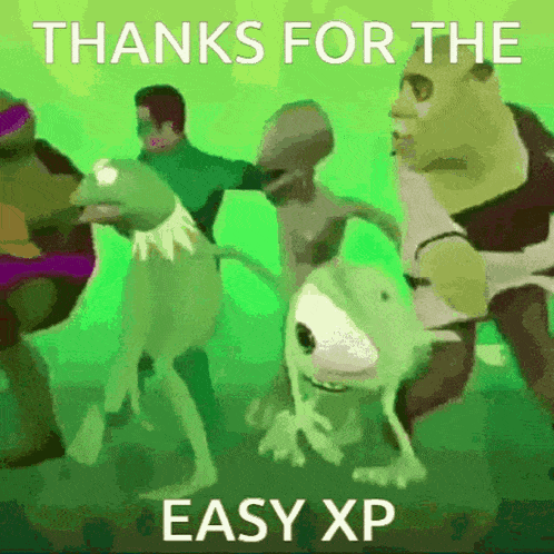 a group of cartoon characters are dancing and the words thanks for the easy xp are on the bottom