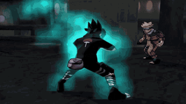 a cartoon character with the letter t on his back is fighting another character