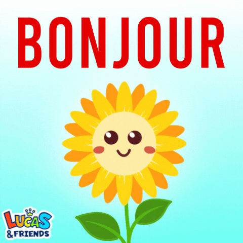 an illustration of a sunflower with a face and the words bonjour
