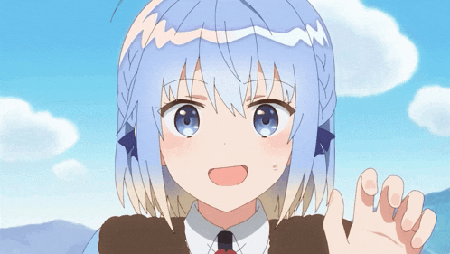 a girl with blue hair and blue eyes is waving at the camera
