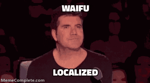 a man with red eyes and the words waifu and localized