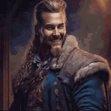 a man with long hair and a beard is smiling with hearts in the background