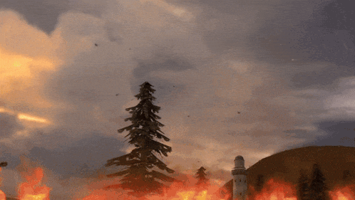 a computer generated image of a forest on fire with a lighthouse in the background
