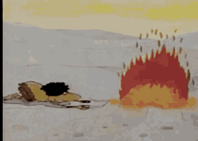 a painting of a man laying on the ground near a fire