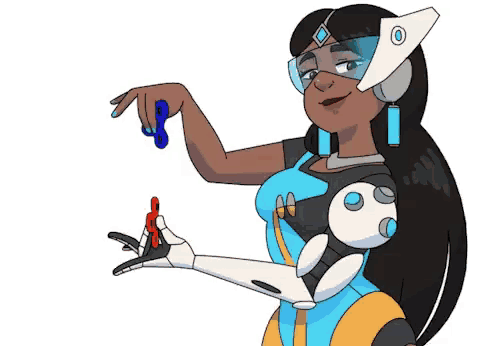 a cartoon woman is holding a fidget spinner in her hand .
