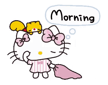 a hello kitty cartoon with a squirrel on her head and the words morning written above her