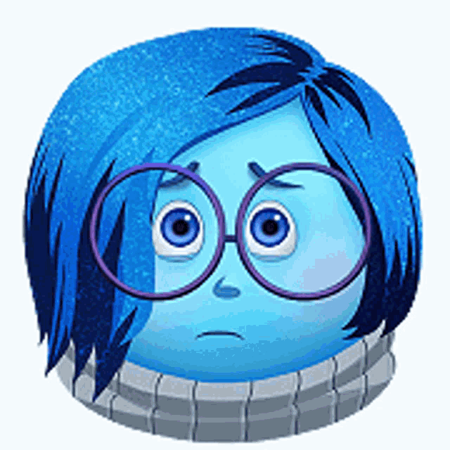 a cartoon character with blue hair and glasses has a sad look on his face