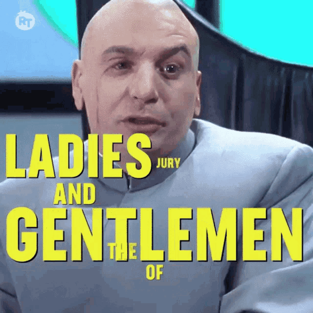 a bald man is sitting in front of a sign that says ladies and gentlemen of