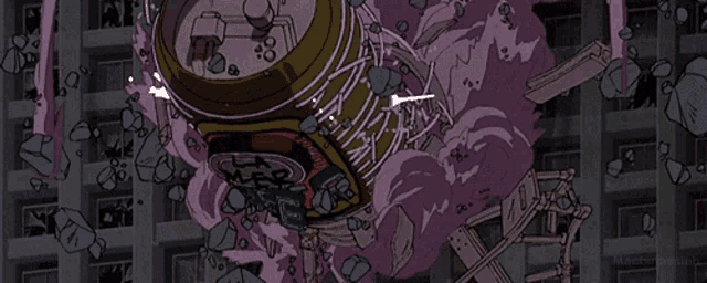 a cartoon drawing of a building being destroyed with a can that says me on it