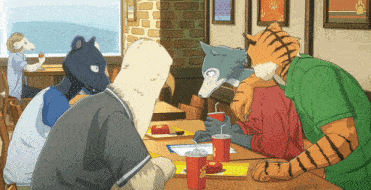 a group of animals are sitting at a table in a restaurant eating
