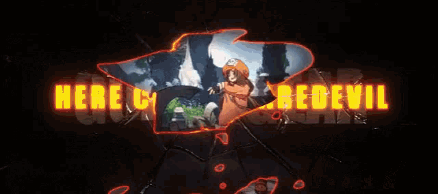 a video game character is standing in front of a neon sign that says `` here 's devil '' .