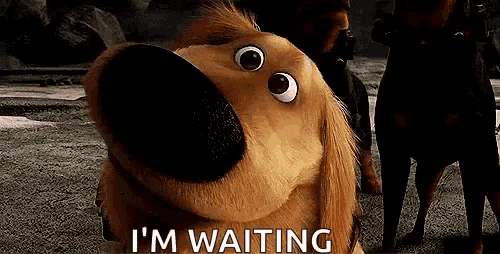 a cartoon dog is sitting on the ground with the words `` i 'm waiting '' written below it .