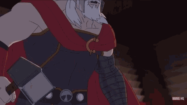 a cartoon drawing of thor holding a hammer with marvel hq written on the bottom