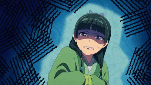 a girl with green hair is making a face in a dark room
