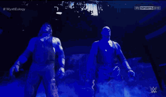 two wrestlers are standing in front of a large screen that says sky sports 3 hd