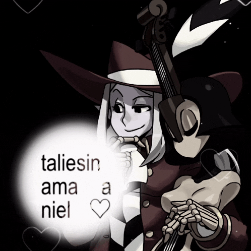 a cartoon of a witch and a skeleton holding a violin with the words taliesin ama niel above them
