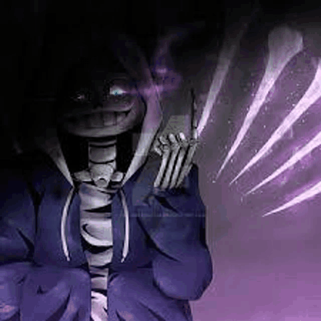 a skeleton in a purple hoodie is holding a fork and smiling .