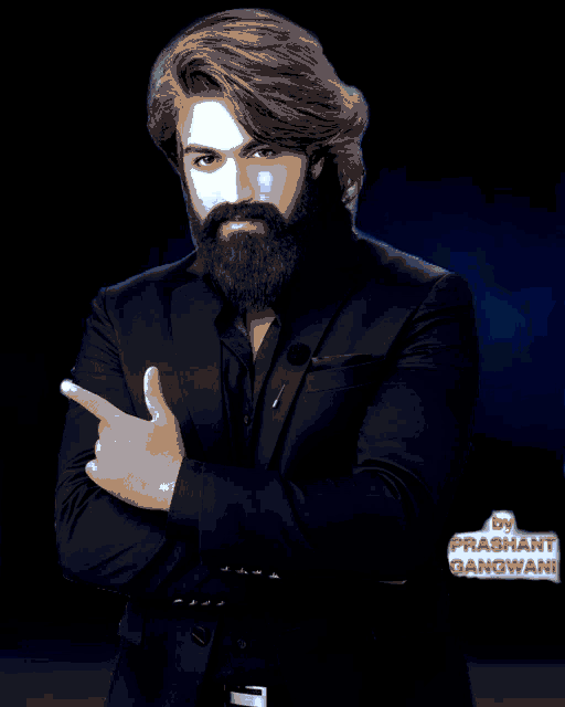 a man with a beard and long hair is wearing a black suit by prashant gangwani