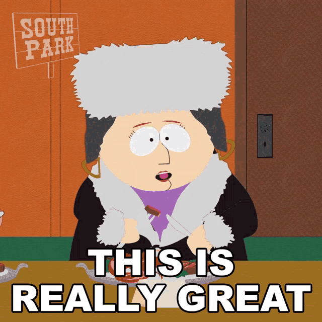 a cartoon of a woman sitting at a table with a sign that says south park in the background