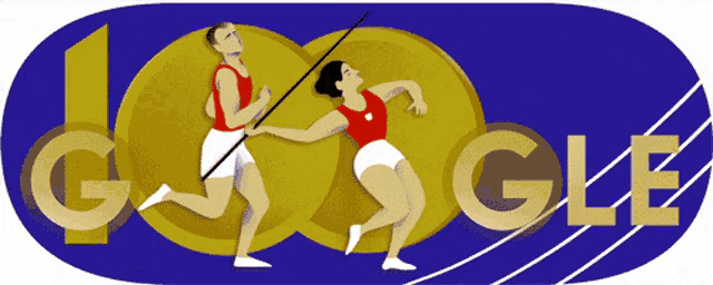 a google logo shows a man throwing a stick and a woman running