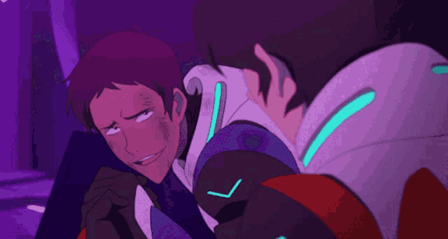 a man with purple hair is standing next to another man in a purple background