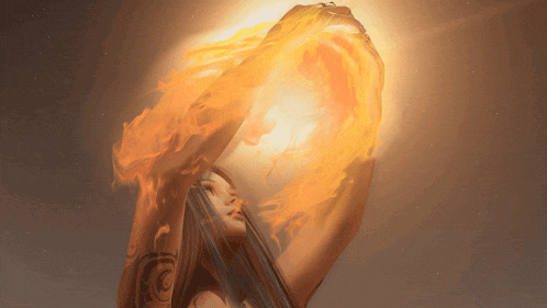 a woman with a tattoo on her arm holds a flame in her hands