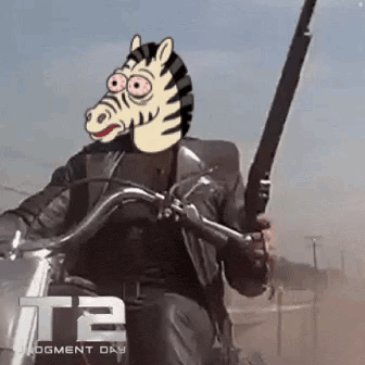 a man with a zebra mask on his head is riding a motorcycle holding a gun .