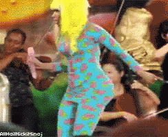 a pixelated image of a woman in a blue and pink pajama suit