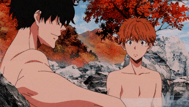 a man and a boy are standing next to each other without shirts